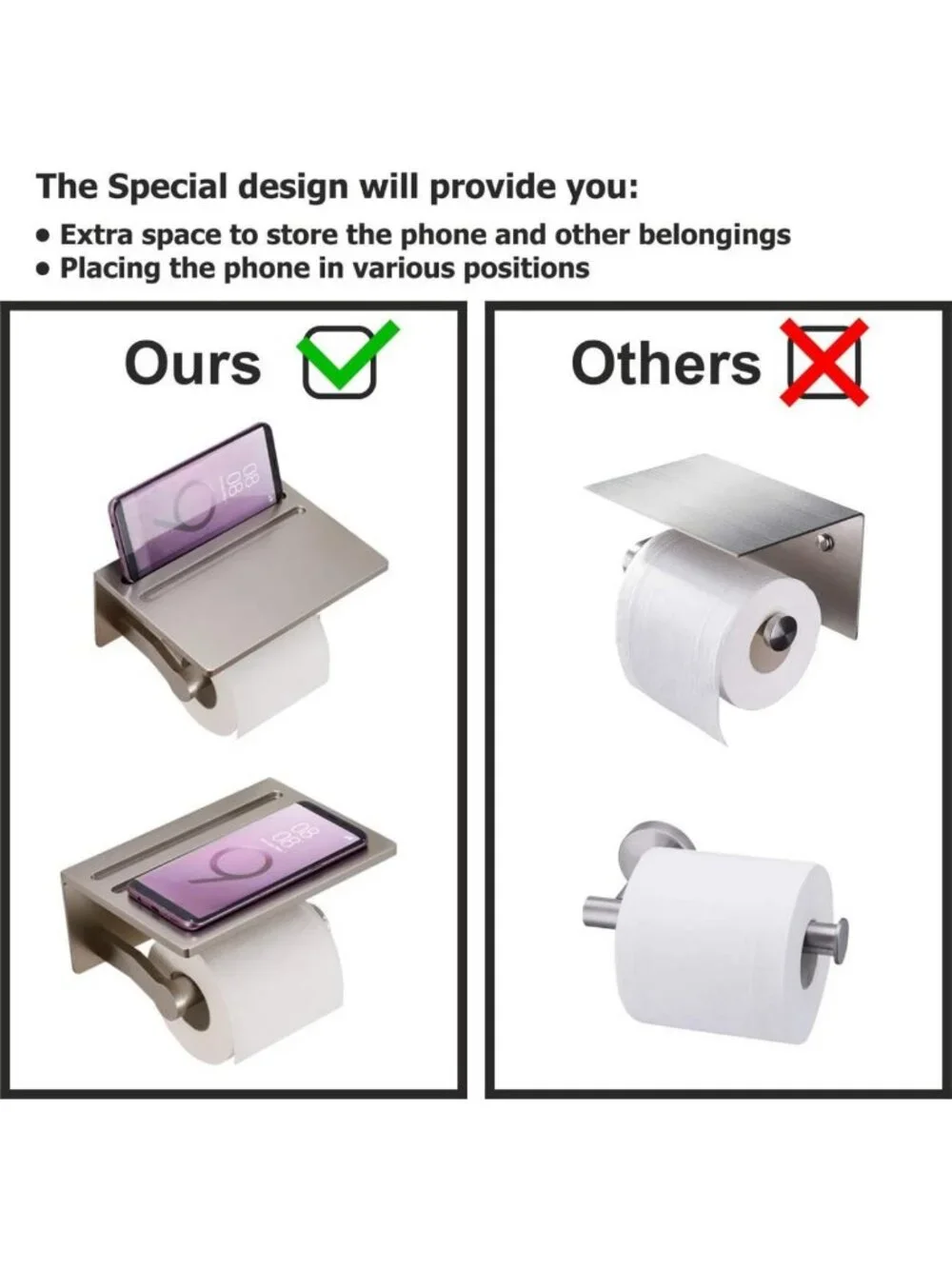 Stylish Toilet Paper Holder with Shelf - Aluminum Tissue Roll & Phone Storage